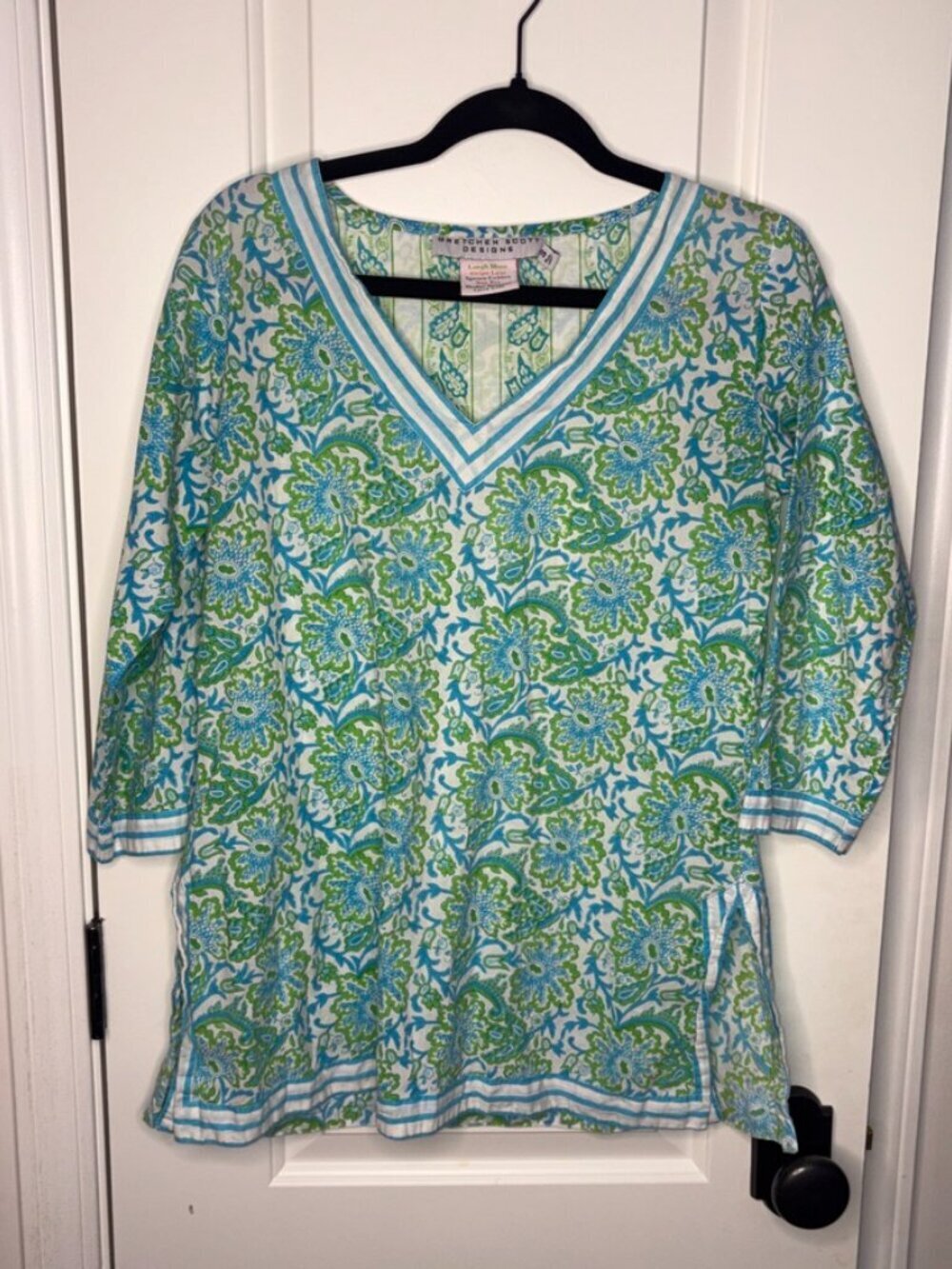 Gretchen Scott Designs Lime Green Blue Cotton Pullover Tunic Summer size S